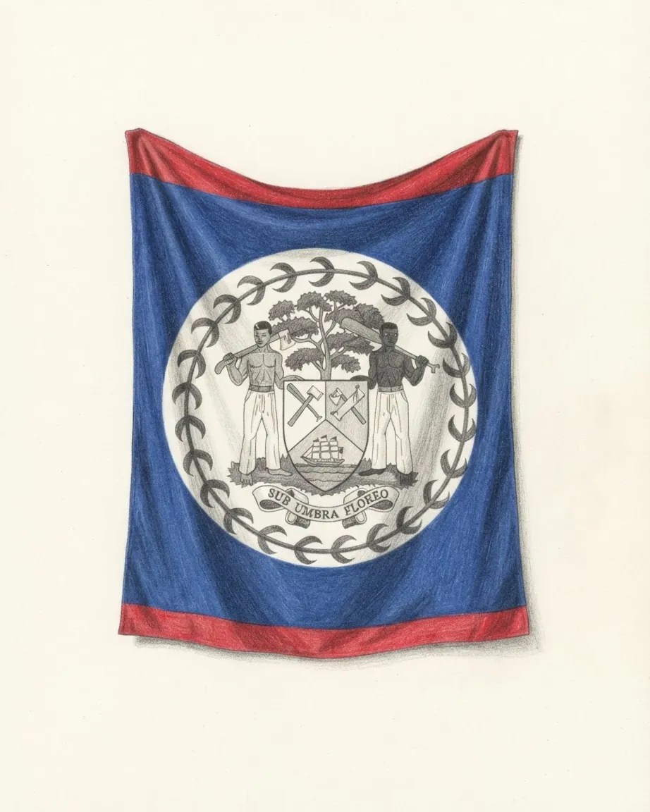 Pencil drawing of the flag of Belize hanging as cloth in soft folds: a blue field with a red stripe along the top and bottom, and in the centre a white disc ringed by a wreath of leaves holding the coat of arms, two woodcutters with an axe and a paddle either side of a shield beneath a mahogany tree, above the motto Sub Umbra Floreo.