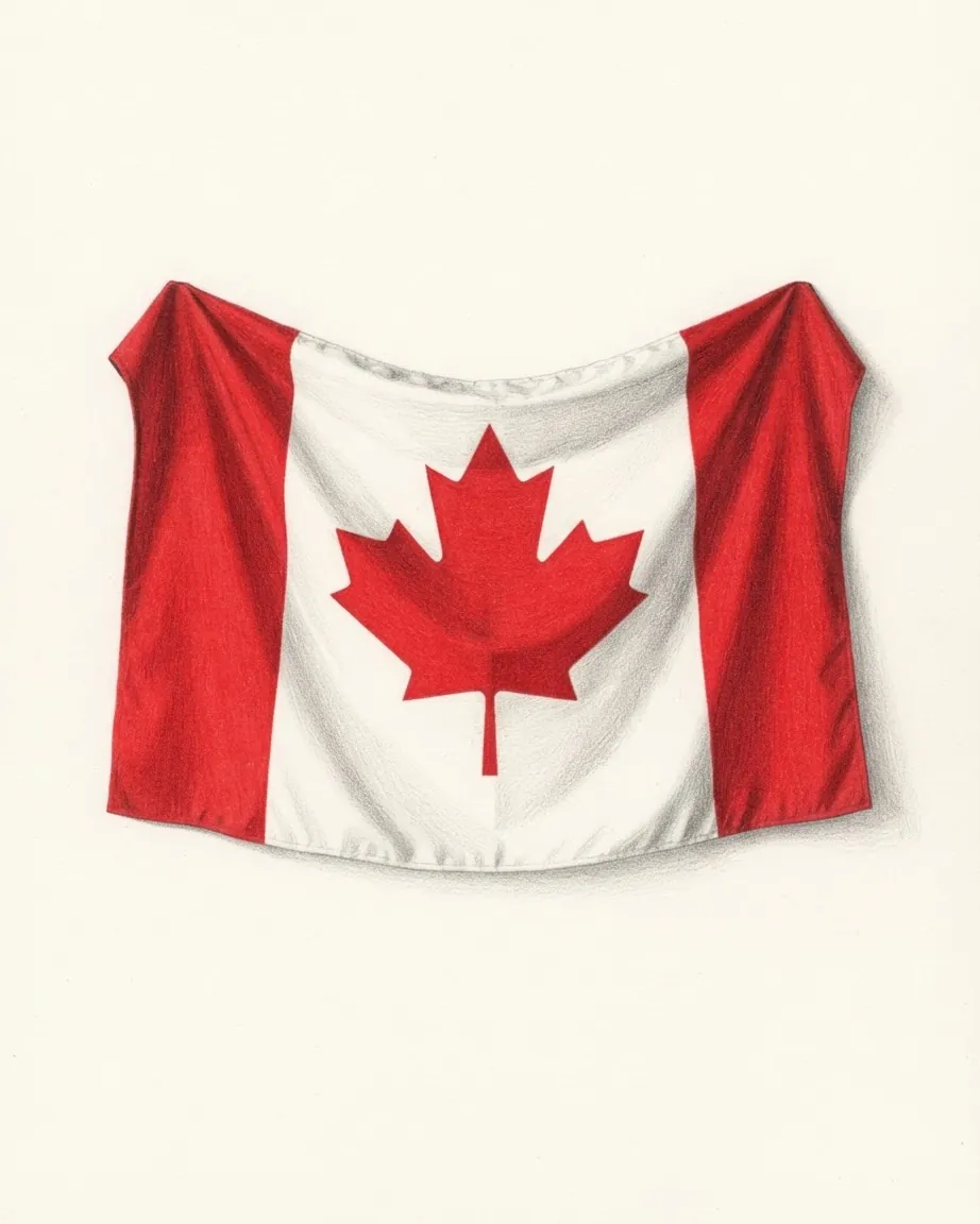The flag of Canada drawn as a hanging cloth in graphite and coloured pencil, its red side bands and white centre falling in soft folds around the red maple leaf.