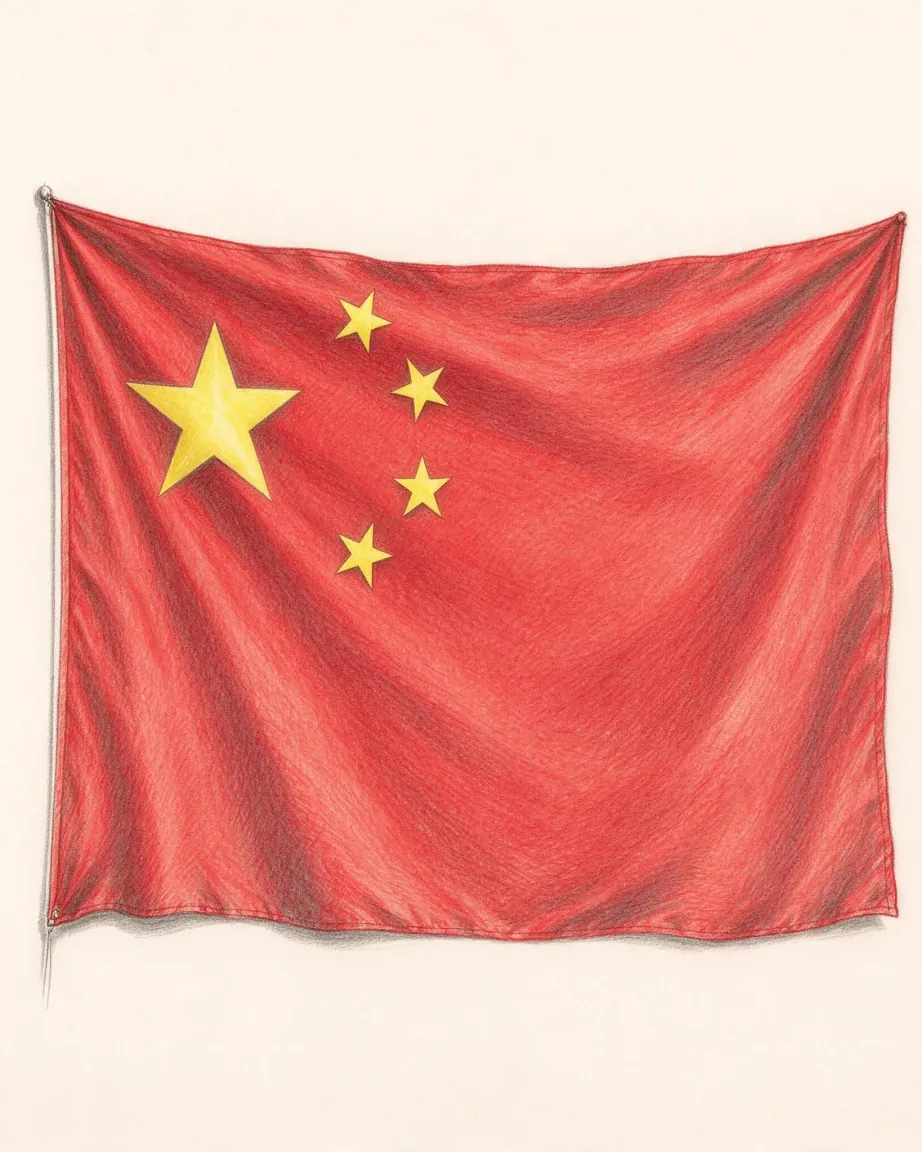 The flag of China drawn in coloured pencil as a red cloth hanging from one corner, a large yellow star and four smaller stars in its upper corner.