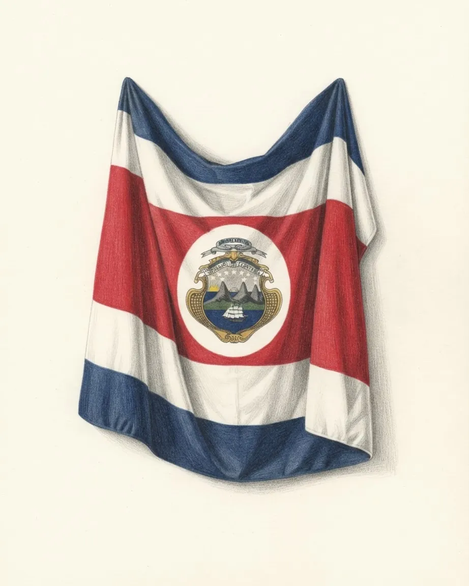 Pencil drawing of the flag of Costa Rica hanging as cloth in soft folds: blue, white, red, white and blue horizontal stripes, the red one twice as wide, with the coat of arms of three volcanoes between two seas and a sailing ship in a white disc on the red stripe.