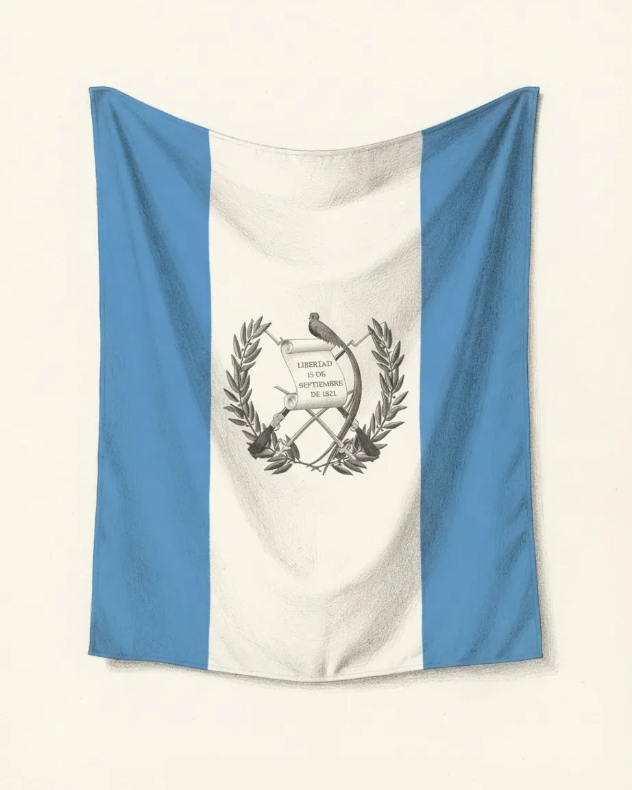Pencil drawing of the flag of Guatemala hanging as cloth in soft folds: light blue, white and light blue vertical stripes, with the coat of arms in the centre of the white stripe, a quetzal perched on a scroll reading Libertad 15 de Septiembre de 1821 over crossed rifles and swords, framed by a laurel wreath.