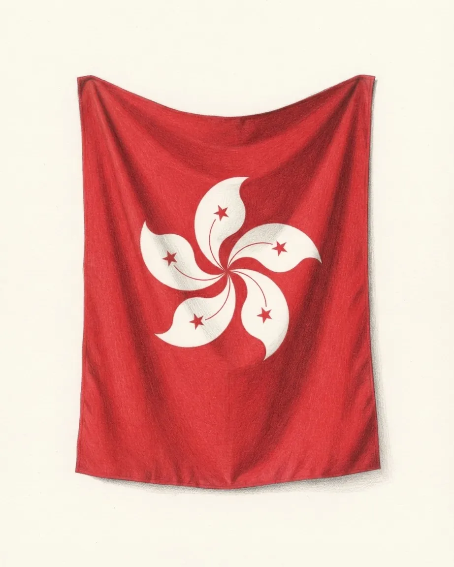 The flag of Hong Kong drawn as a hanging red cloth, the white five-petalled bauhinia with a red star in each petal at its centre.