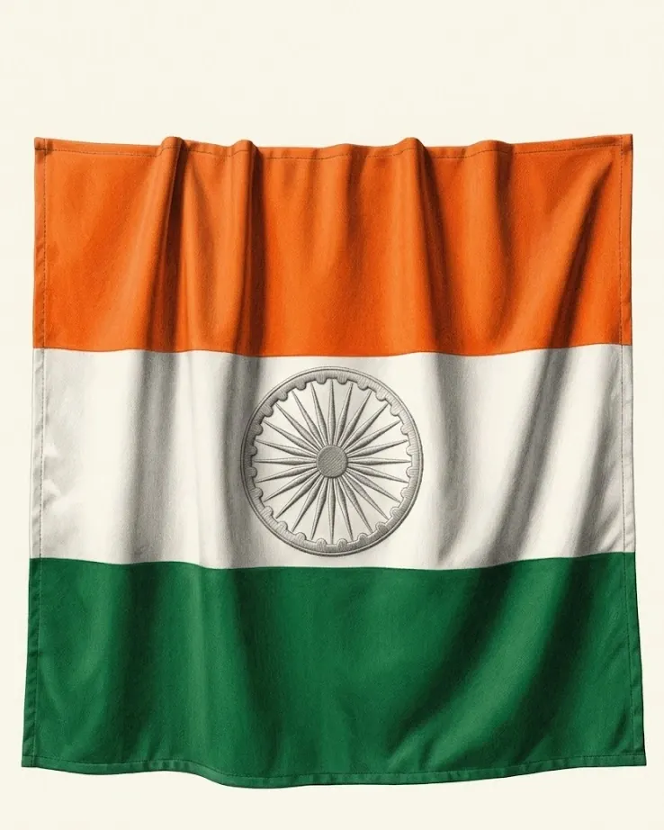 India's flag drawn as a single heavy woven cloth hanging free, in graphite with the colour laid over it. A broad band of saffron across the top and a band of green across the bottom carry down into deep soft folds that fall the length of the cloth, and the band between them is left as bare warm-white paper. At the centre of the white band the Ashoka chakra is worked in raised stitched relief, its twenty-four spokes catching the light from the upper left, drawn in thread rather than in colour. The stitched hem and the sleeve at the top stay graphite.