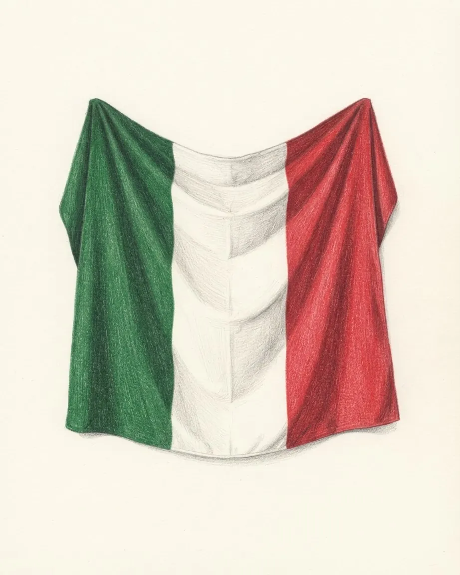 The flag of Italy drawn as a hanging cloth: three vertical bands of green, white and red.