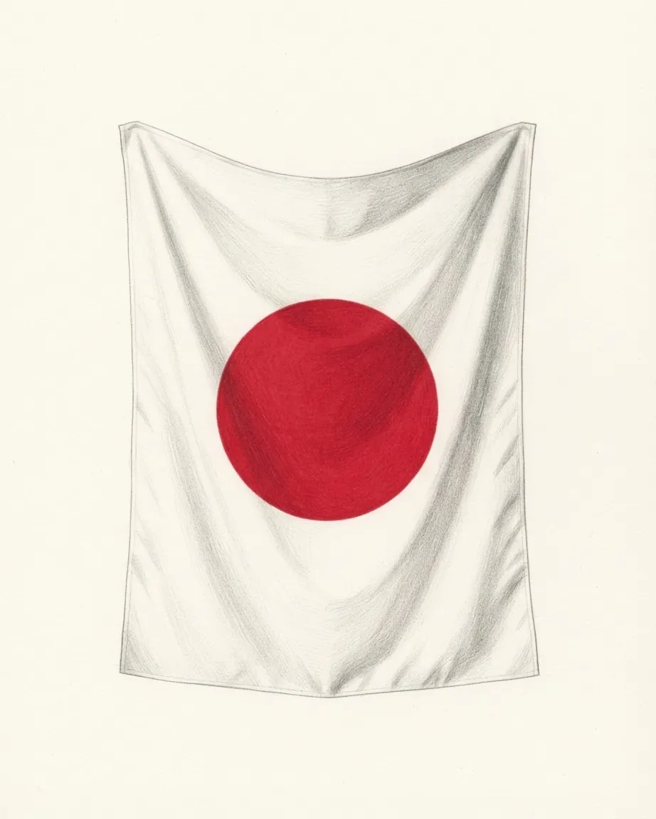 Pencil drawing of the flag of Japan as a hanging cloth, a red disc centred on a white field, the folds shaded in graphite.