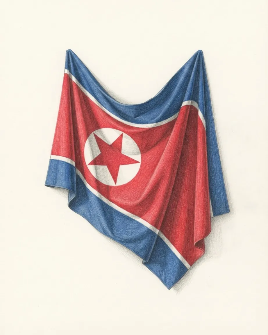The flag of North Korea drawn as a draped cloth: a broad red band between thin white stripes and blue bands, a red star in a white circle near the hoist.