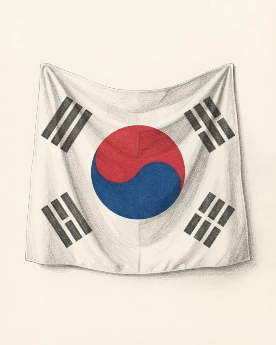 The flag of South Korea drawn as a hanging white cloth in graphite and colour: the red and blue circle in the centre and four black bar figures at the corners.