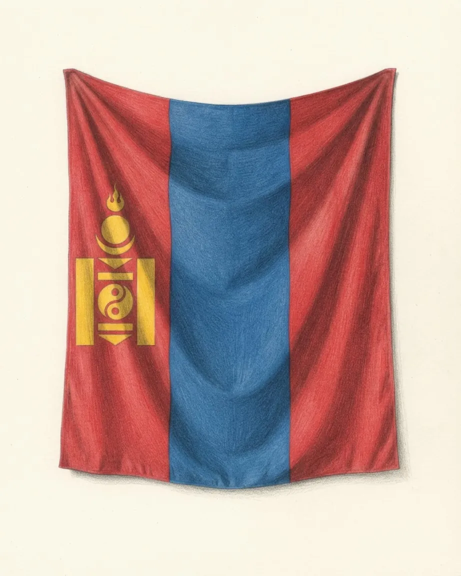 The flag of Mongolia drawn as a hanging cloth: red, blue and red vertical bands, with the gold soyombo symbol on the red band at the hoist.