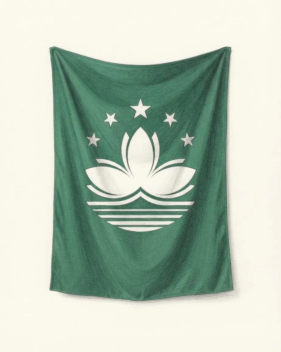 The flag of Macau drawn as a hanging green cloth: a white lotus over a bridge and water lines, with five gold stars in an arc above it.