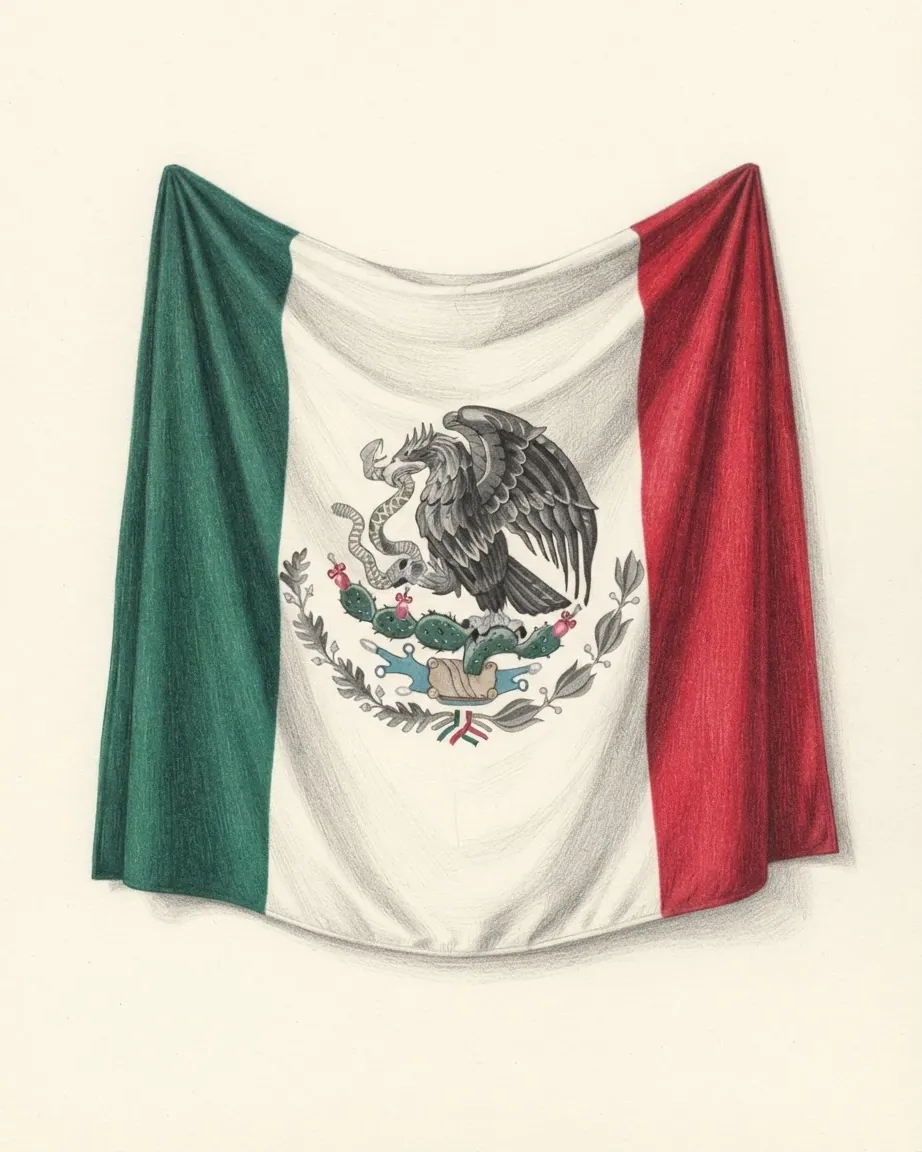 Pencil drawing of the flag of Mexico hanging as cloth in soft folds: green, white and red vertical stripes, with the eagle on a nopal cactus devouring a serpent, framed by oak and laurel, in the centre of the white stripe.