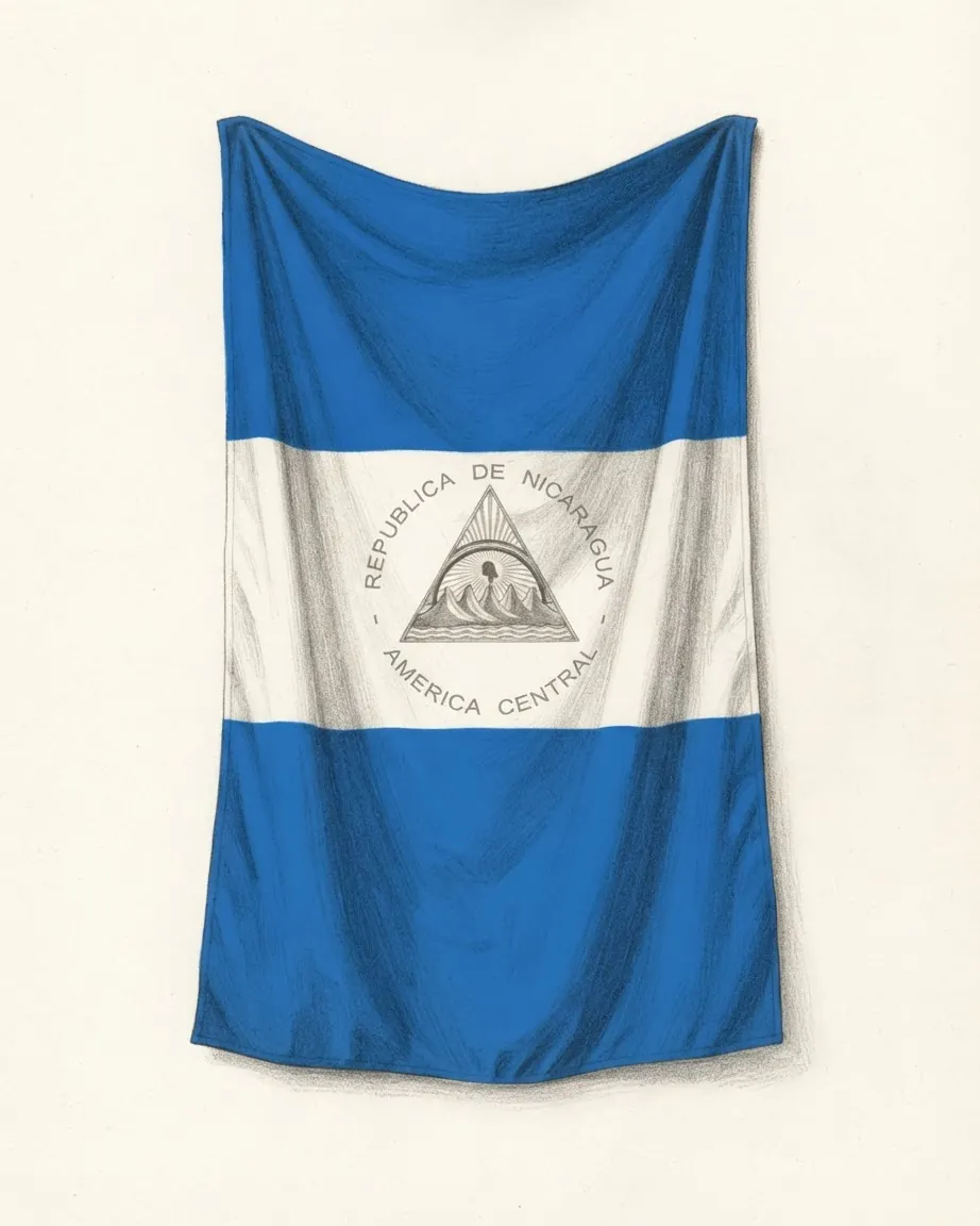 Pencil drawing of the flag of Nicaragua hanging as cloth in soft folds: blue, white and blue horizontal stripes, with the triangle of five volcanoes under a rainbow, ringed by the words Republica de Nicaragua, America Central, in the centre of the white stripe.