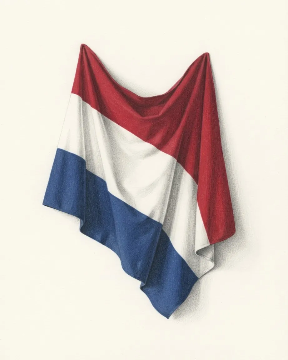 The flag of the Netherlands drawn as a draped cloth: three horizontal bands of red, white and blue.