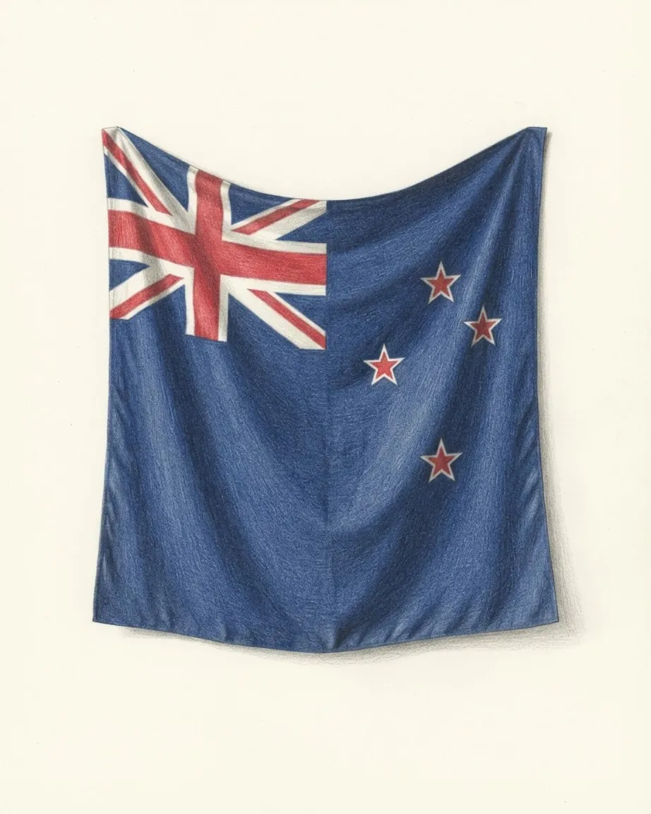 The flag of New Zealand drawn as a hanging cloth: the Union Jack in the corner of a blue field with four red stars bordered in white.