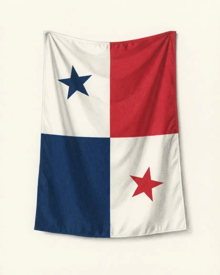 Pencil drawing of the flag of Panama hanging as cloth in soft folds: four quarters, a white one with a blue star and a plain red one above, a plain blue one and a white one with a red star below.