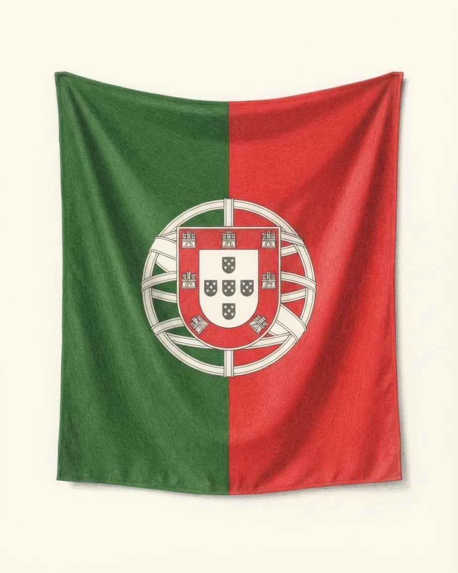 The flag of Portugal drawn as a hanging cloth: green at the hoist and red at the fly, with the armillary sphere and shield on the line between them.