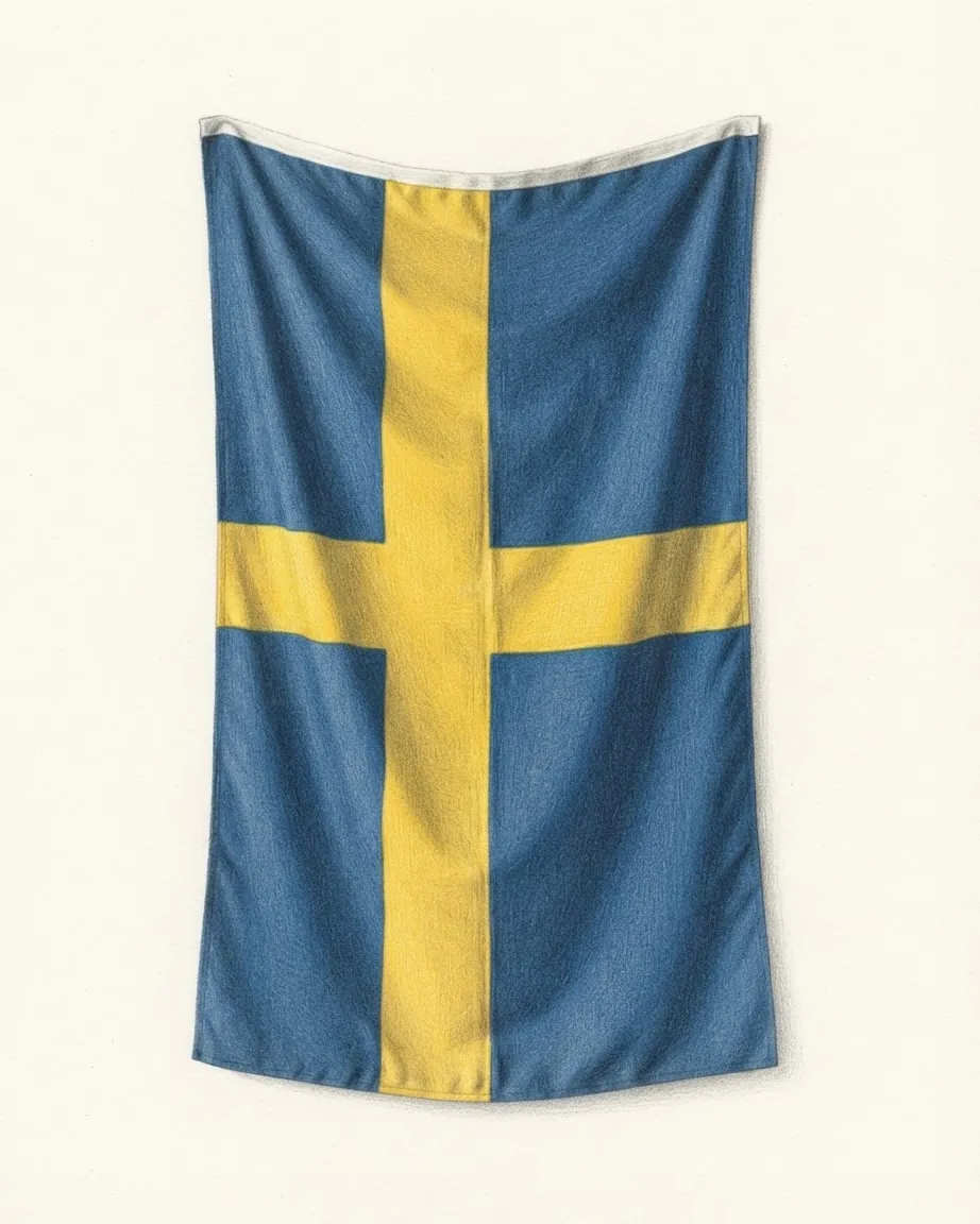 The flag of Sweden drawn as a hanging cloth in graphite and coloured pencil, its yellow Nordic cross on a blue field falling in soft folds.