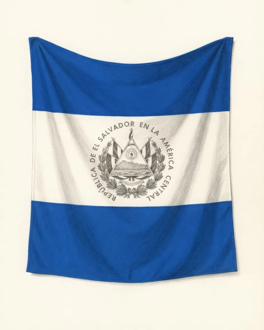 Pencil drawing of the flag of El Salvador hanging as cloth in soft folds: blue, white and blue horizontal stripes, with the coat of arms in the centre of the white stripe, a triangle holding volcanoes and a radiant cap between flags and a laurel wreath, ringed by the words República de El Salvador en la América Central.