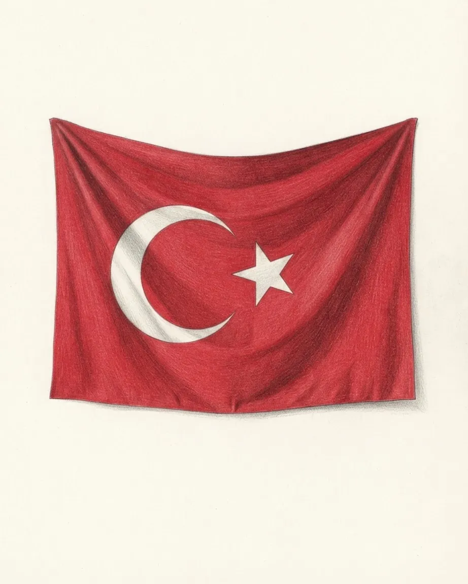 The flag of Turkey drawn as a hanging cloth in graphite and coloured pencil, its white crescent and star on a red field falling in soft folds.