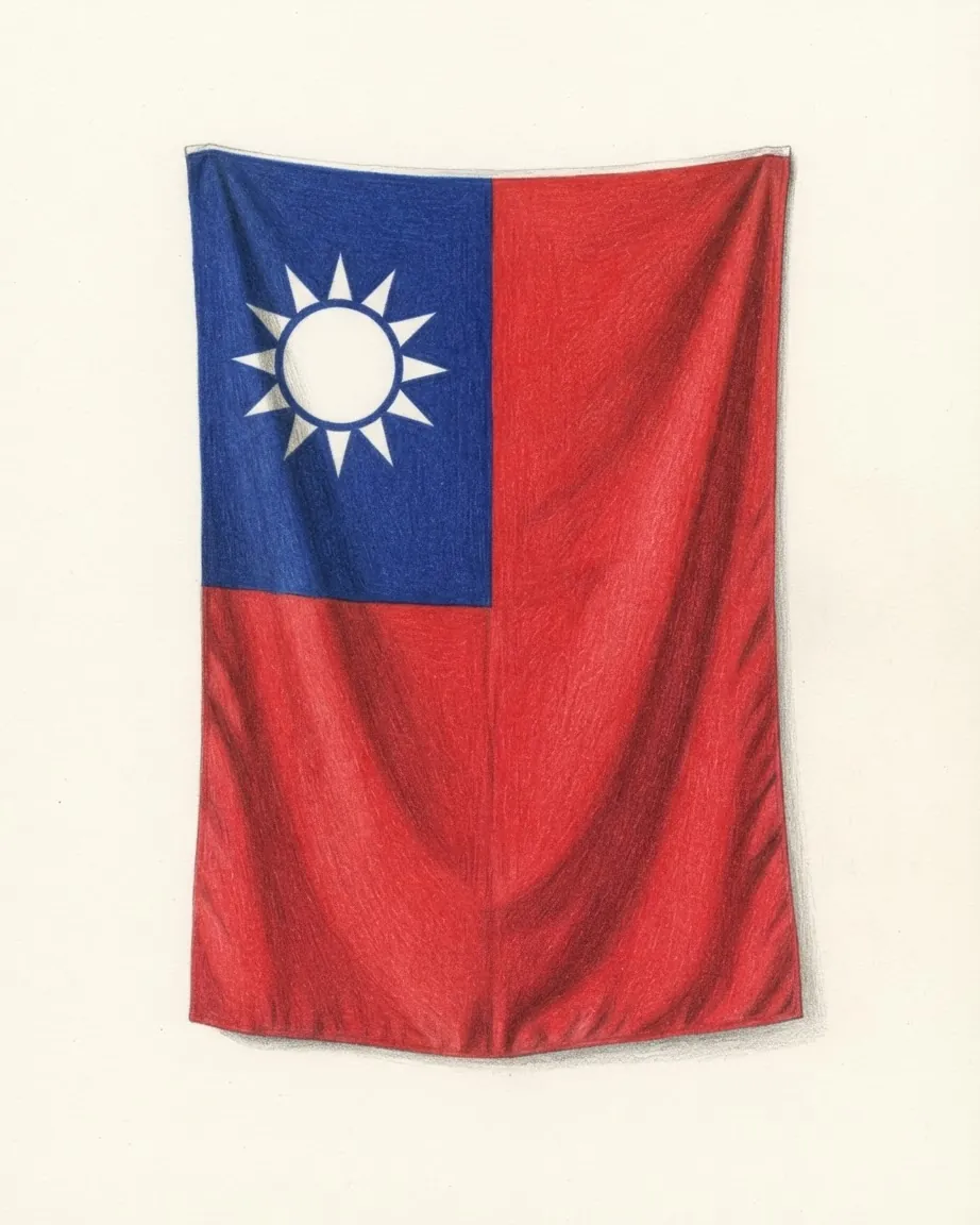 The flag drawn as a hanging cloth: a red field with a blue canton at the hoist carrying a white sun with twelve rays.