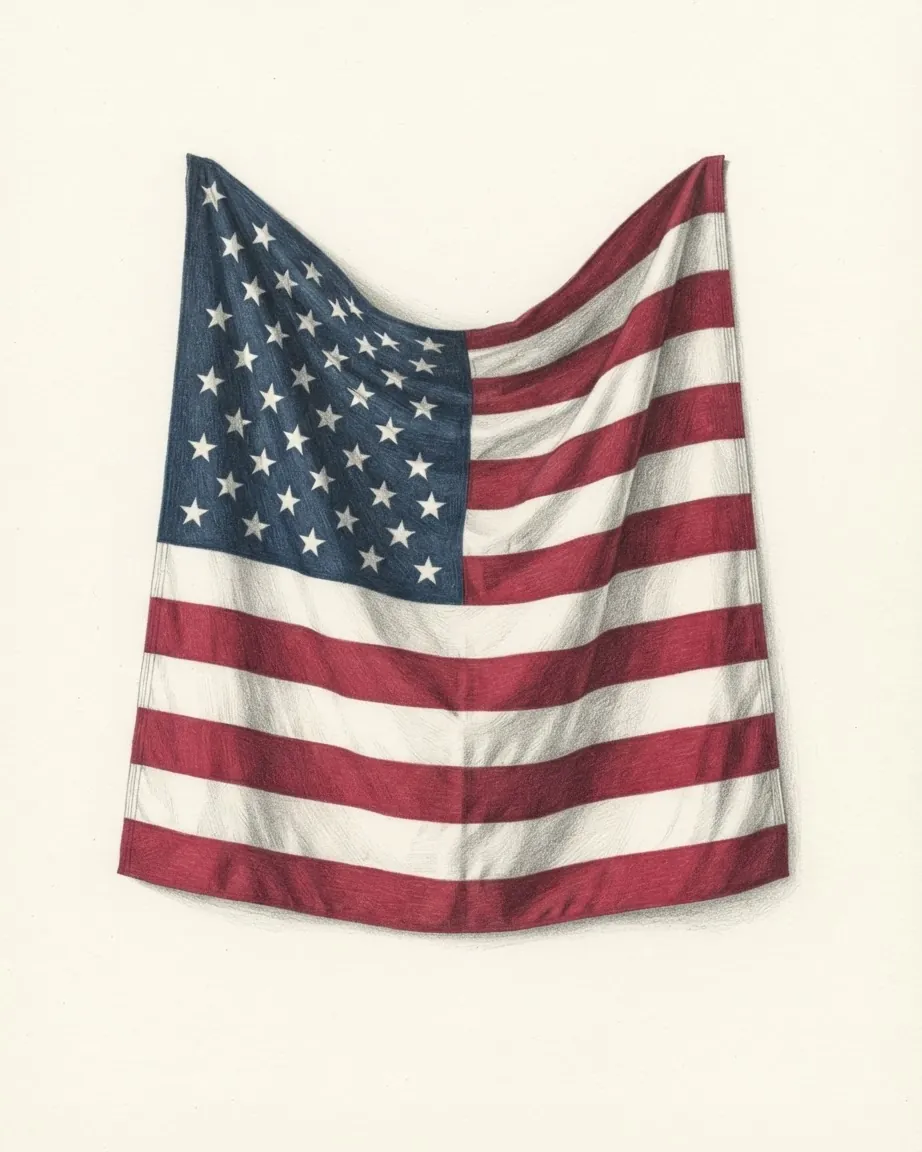 The flag of the United States drawn as a hanging cloth in graphite and coloured pencil, its blue canton of fifty white stars and red and white stripes falling in soft folds.