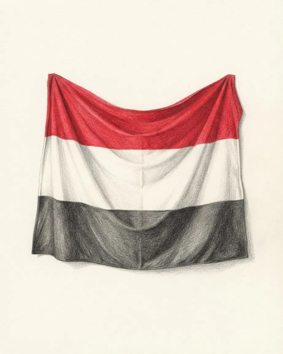 The flag of Yemen drawn as a draped cloth: three horizontal bands of red, white and black, with no emblem.